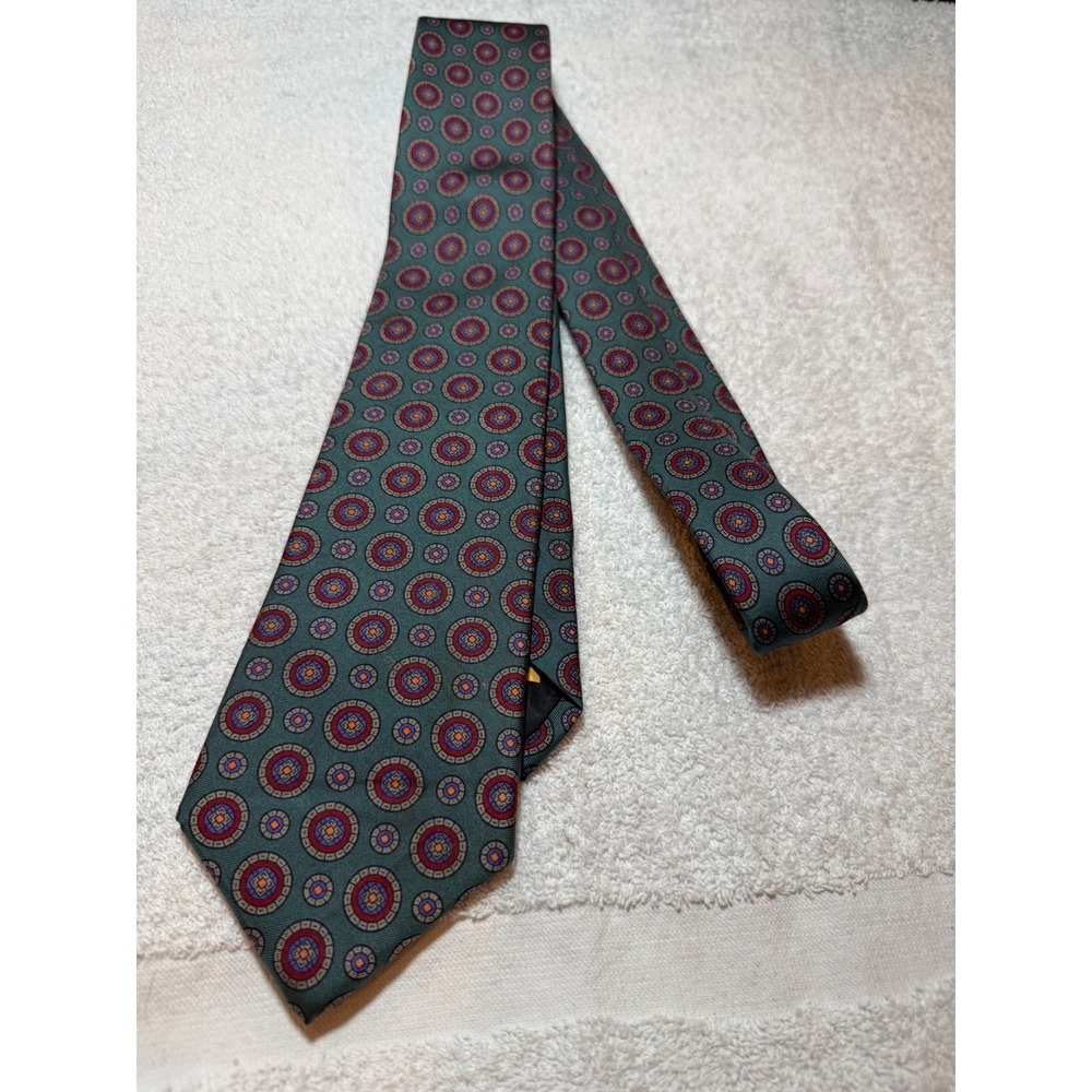 Raleighs Mens Silk Tie Teal Medallion Geometric Handmade USA English Foulard
